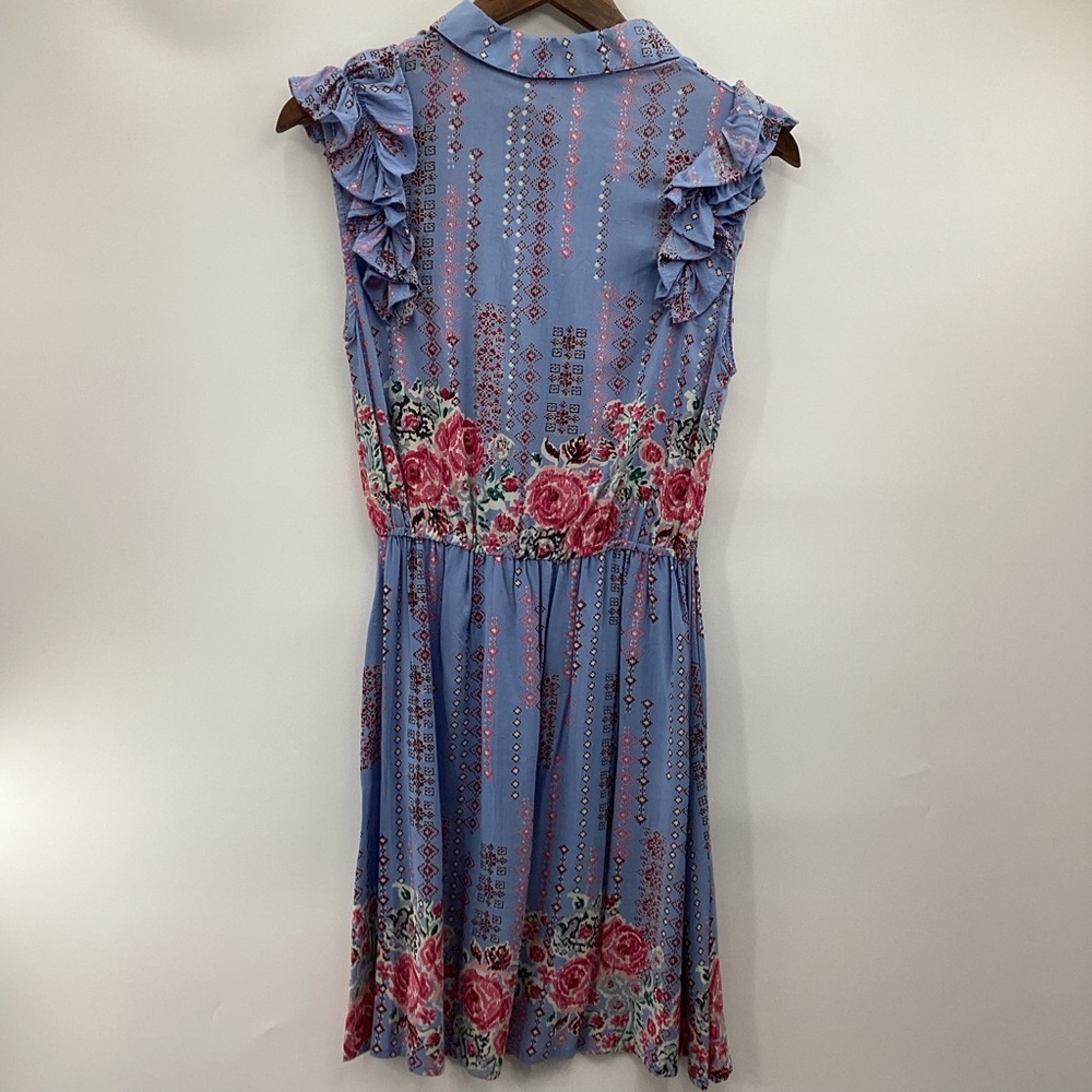 Angie Blue and Pink Floral Patterned Dress with Ruffle Sleeves - Picture 2 of 10
